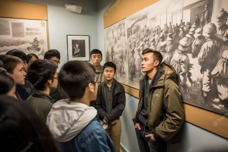 A group listens to a guide in a museum with historical artwork.